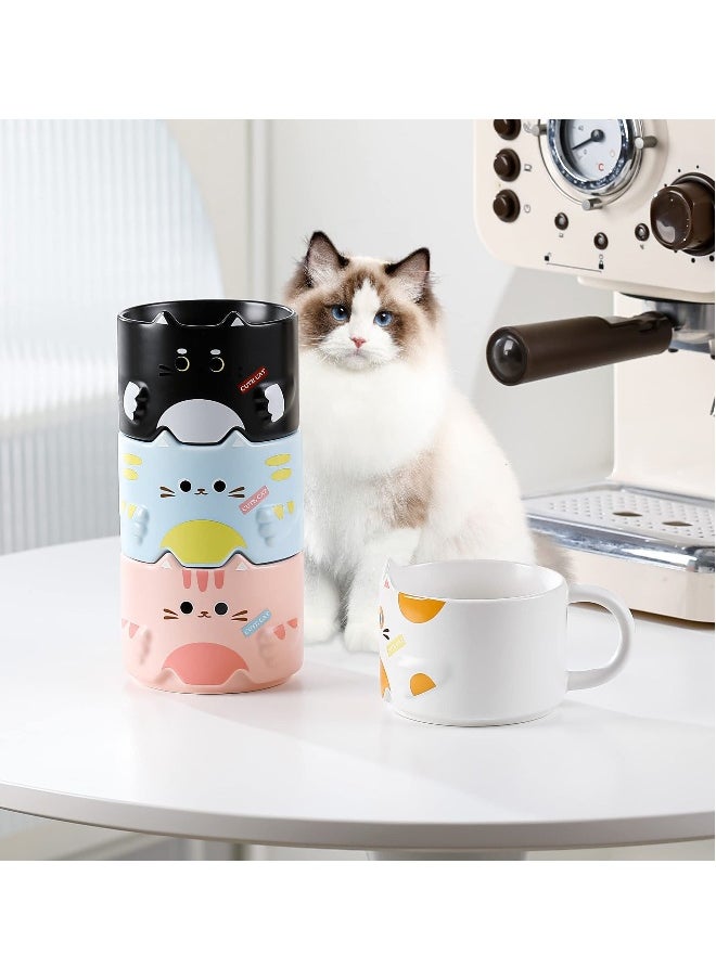 Cat Mug Set, Stackable Porcelain Cute Cat Coffee Mug Set, Gifts for Cat Lovers, Funny Coffee Mugs with Cartoon Cat Designs 10 oz for Party, Set of 4