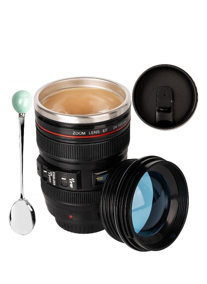 Camera Lens Coffee Mug,Travel Coffee Cup,Stainless Steel Lens Mug Thermos Camera Lens Mug with Lid and Spoon,Cool Gifts for Photographers Men and Women