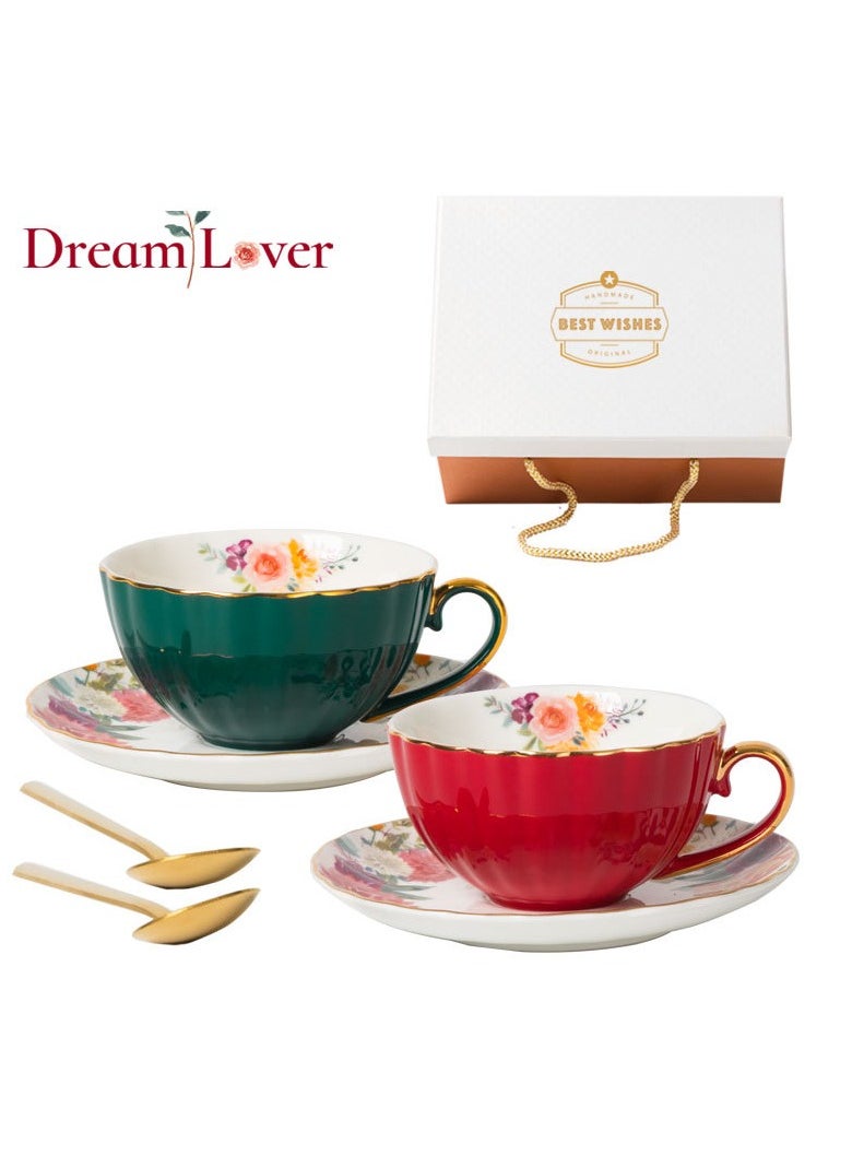 2-Pack Ceramic European Style Light Luxury Coffee Cup And Saucer Set Retro Flower Tea Cup Wedding Gift Box