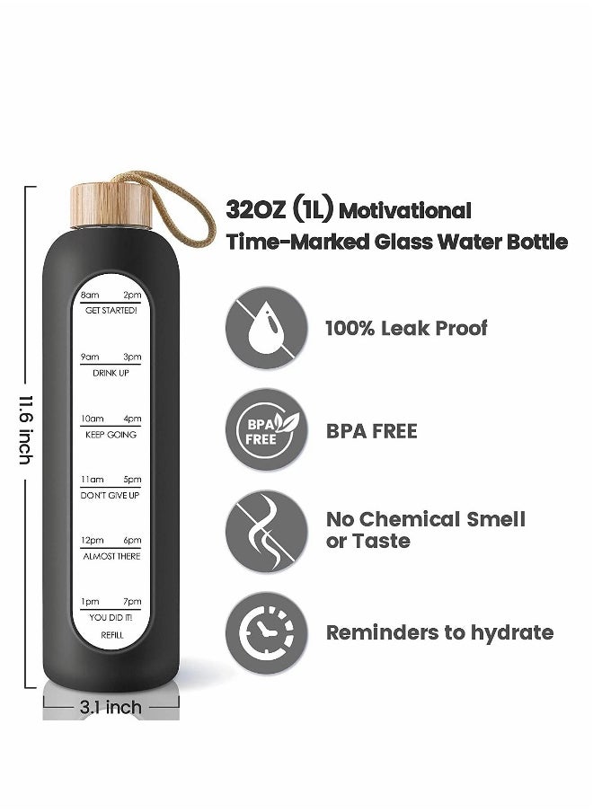 32 Oz Borosilicate Glass Water Bottle with Time Marker Reminder Quotes, Leak Proof Reusable BPA Free Motivational Water Bottle with Silicone Sleeve and Bamboo Lid (Black)