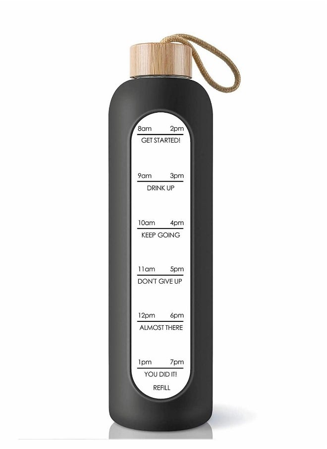 32 Oz Borosilicate Glass Water Bottle with Time Marker Reminder Quotes, Leak Proof Reusable BPA Free Motivational Water Bottle with Silicone Sleeve and Bamboo Lid (Black)