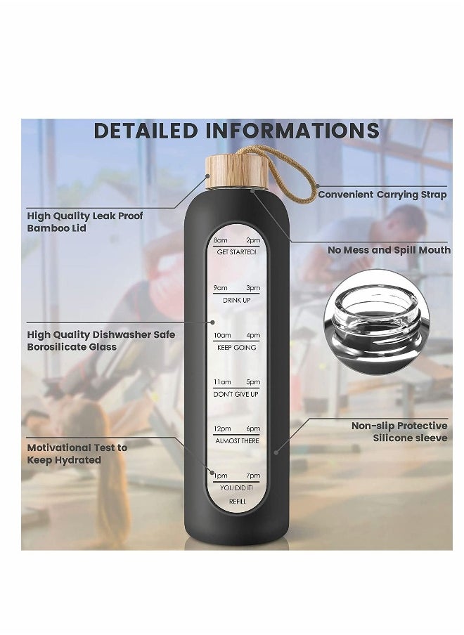 32 Oz Borosilicate Glass Water Bottle with Time Marker Reminder Quotes, Leak Proof Reusable BPA Free Motivational Water Bottle with Silicone Sleeve and Bamboo Lid (Black)