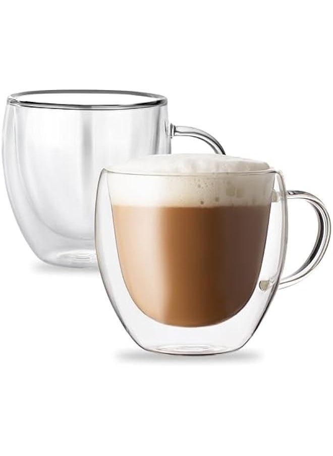 Double Walled Glass Coffee Mugs Set of 2, 8.5 OZ Clear Glass Insulated Mugs with Handle for Cappuccino, Tea, Latte, Cups, Beverage Glasses Heat Resistant