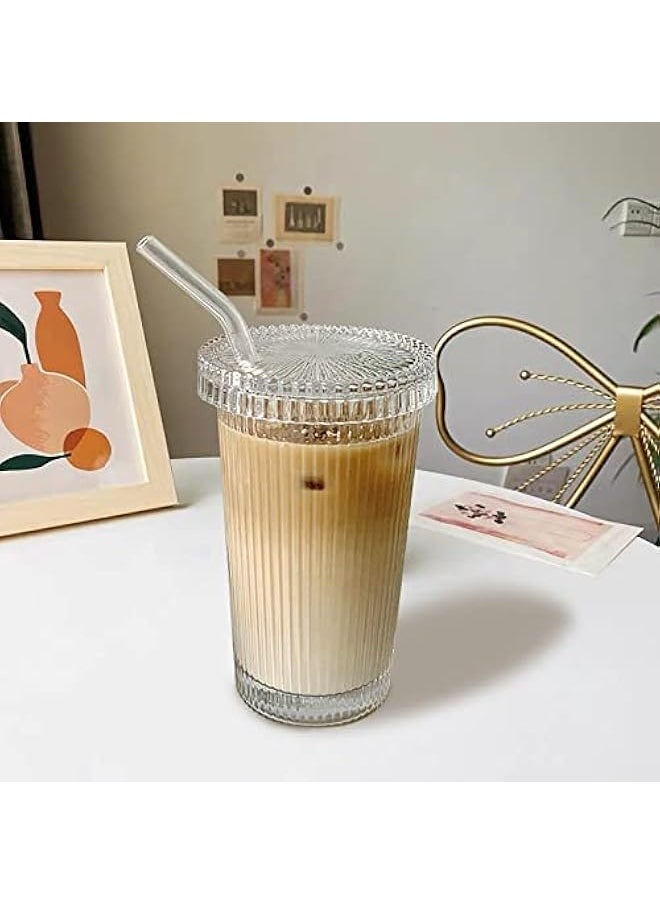 Glass Tumbler Stripe Glass Cup Coffee Cup With Lid and Straw Drinking Glasses for Water,Iced Coffee,Milk,Tea,Juice (A-Stripe) (TWBZ-0115)