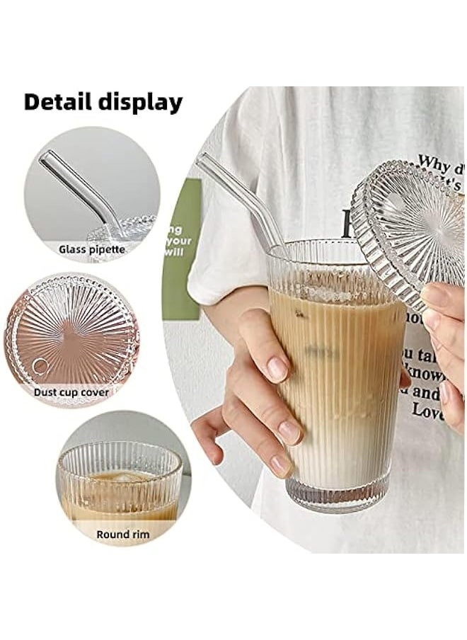 Glass Tumbler Stripe Glass Cup Coffee Cup With Lid and Straw Drinking Glasses for Water,Iced Coffee,Milk,Tea,Juice (A-Stripe) (TWBZ-0115)