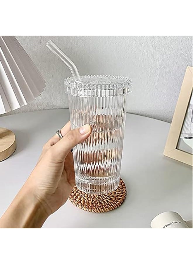 Glass Tumbler Stripe Glass Cup Coffee Cup With Lid and Straw Drinking Glasses for Water,Iced Coffee,Milk,Tea,Juice (A-Stripe) (TWBZ-0115)