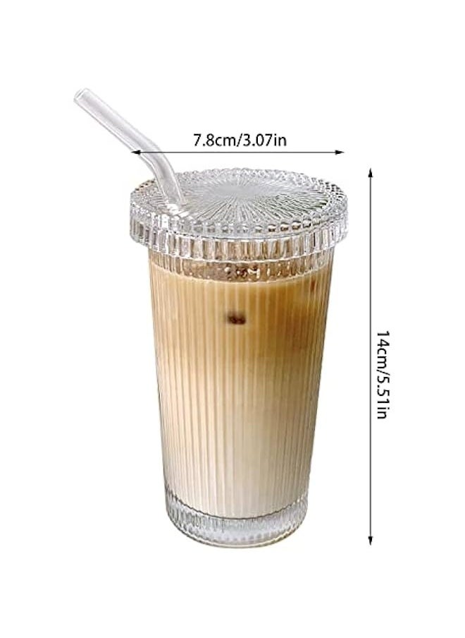 Glass Tumbler Stripe Glass Cup Coffee Cup With Lid and Straw Drinking Glasses for Water,Iced Coffee,Milk,Tea,Juice (A-Stripe) (TWBZ-0115)