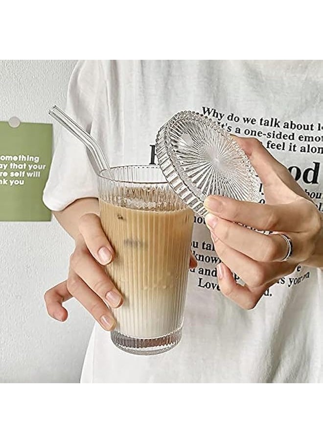 Glass Tumbler Stripe Glass Cup Coffee Cup With Lid and Straw Drinking Glasses for Water,Iced Coffee,Milk,Tea,Juice (A-Stripe) (TWBZ-0115)