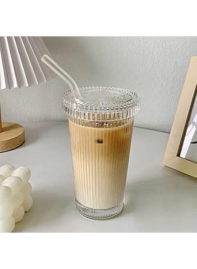 Glass Tumbler Stripe Glass Cup Coffee Cup With Lid and Straw Drinking Glasses for Water,Iced Coffee,Milk,Tea,Juice (A-Stripe) (TWBZ-0115)