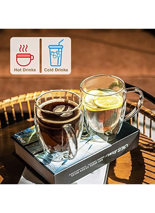 2-Pack Double Walled Glass Coffee Mugs with Handle,Insulated Layer Coffee Cups,Clear Borosilicate Glass Mugs,Perfect for Cappuccino,Tea,Latte,Espresso,Hot Beverage,Wine,Microwave Safe (350ml 2pcs)