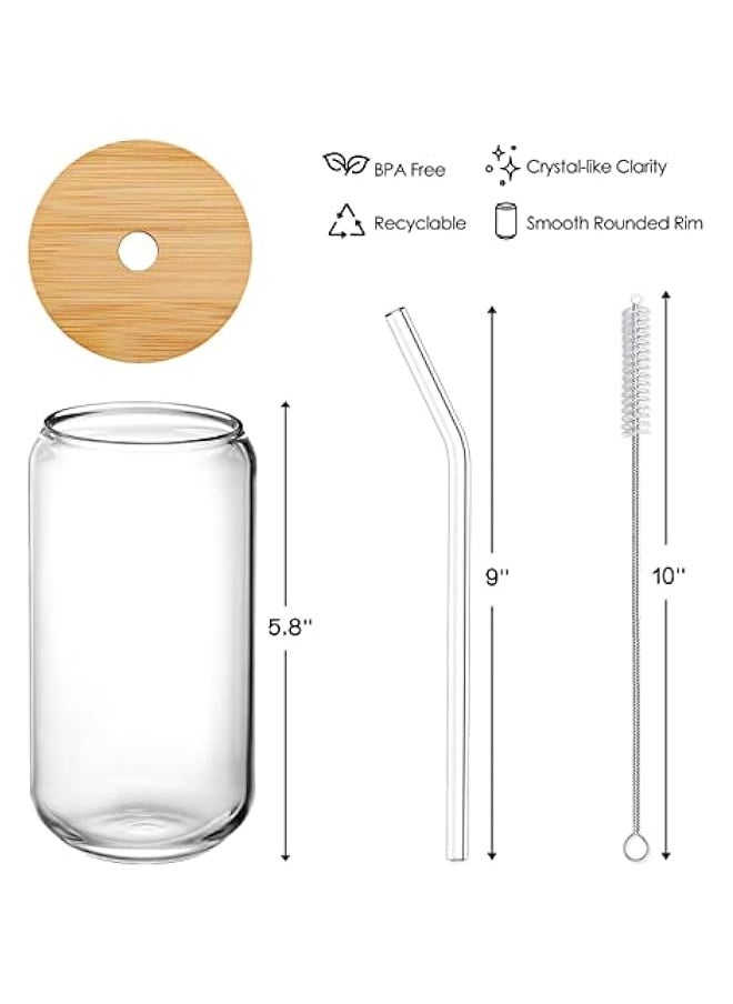 Drinking Glasses with Bamboo Lids and Glass Straw 4pcs Set - 16oz Can Shaped Glass Cups, Mocktail Glasses, Iced Coffee Glasses, Cute Tumbler Cup, Ideal for Cocktail,Gift - 2 Cleaning Brushes