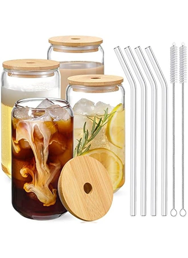 Drinking Glasses with Bamboo Lids and Glass Straw 4pcs Set - 16oz Can Shaped Glass Cups, Mocktail Glasses, Iced Coffee Glasses, Cute Tumbler Cup, Ideal for Cocktail,Gift - 2 Cleaning Brushes