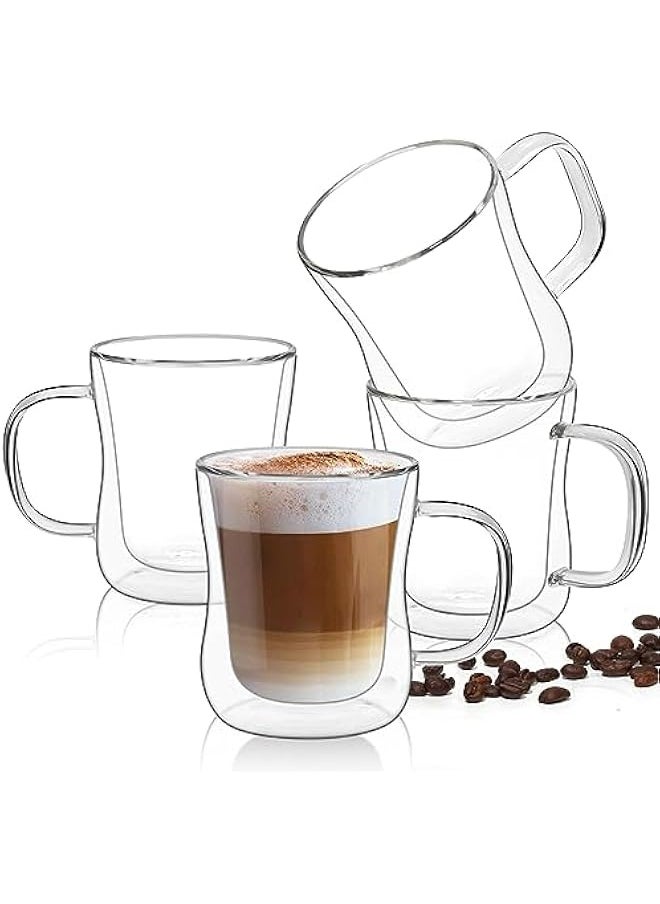 250ml Double Walled Glass Coffee Mugs, Pack of 4 Thermal Insulated Borosilicate Glass Cups with Handle for Tea, Coffee, Latte, Cappuccino, Hot and Cold Drinks Beverages