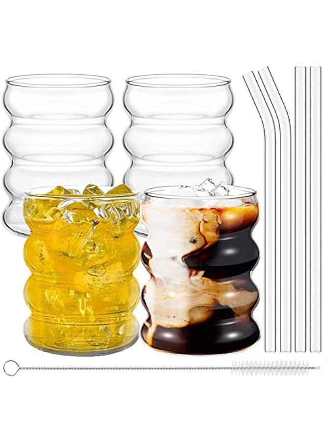 4 Pcs Creative Glass Cups, Cute Ripple Shaped Vintage Drinking Glasses Ribbed Glassware Aesthetic Cups Entertainment Dinnerware Glassware with Straws Set for Kitchen Coffee Juice Beverage