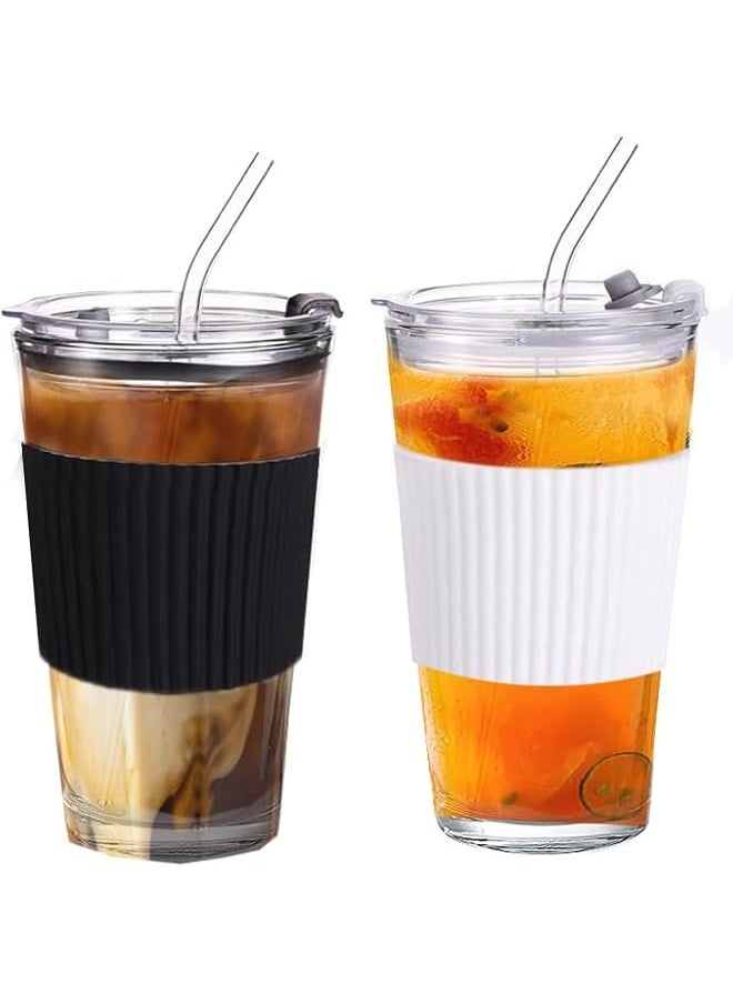 Glass Coffee Cup with Straw：Glass Water Tumbler with Lid2 Pcs,  Glass Iced Coffee Glass, Can Shaped Glass Cup，Reusable Tumbler Travel Cup, Mug with Straw for Milk Juice, 450ml (Black+White)