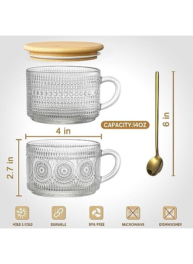 4pcs Set Vintage Coffee Mugs gifts for women, Overnight Oats Containers with Bamboo Lids and Spoons - 14oz Clear Embossed Glass Cups, Cute Coffee Bar Accessories, Iced Coffee Glasses