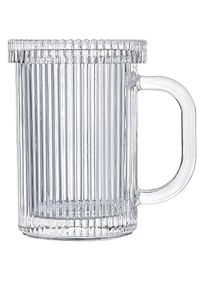 Clear Glass Coffee Mug - Classic Vertical Stripes Tea Mug - Elegant Coffee Cup with Glass Lid for Latte, Espresso - Lovely Gift for Christmas, Anniversary and Birthday - 11 oz