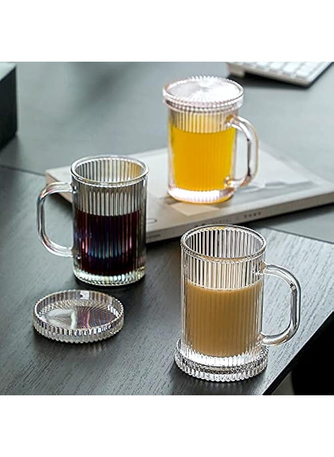 Clear Glass Coffee Mug - Classic Vertical Stripes Tea Mug - Elegant Coffee Cup with Glass Lid for Latte, Espresso - Lovely Gift for Christmas, Anniversary and Birthday - 11 oz