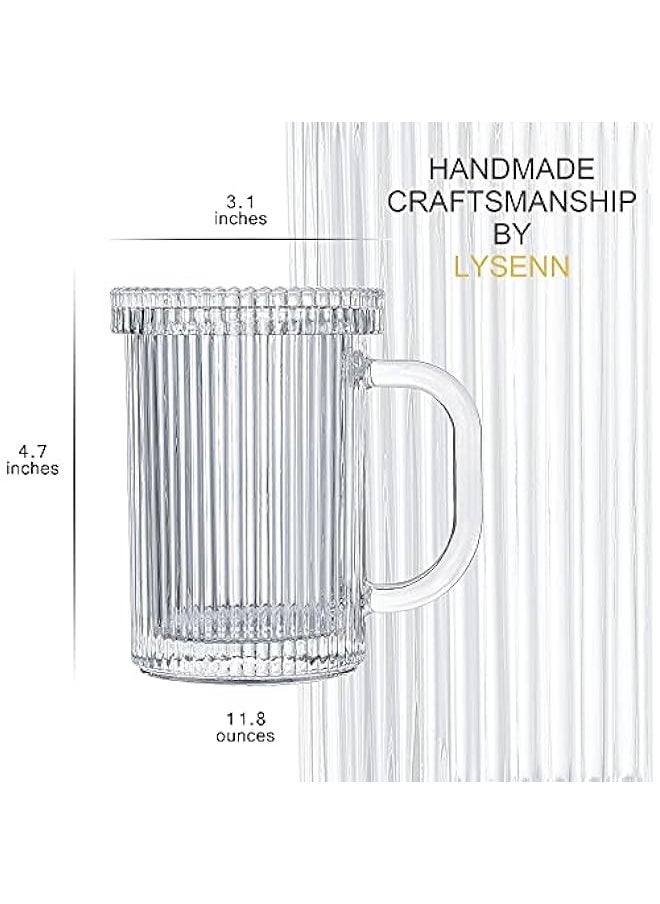 Clear Glass Coffee Mug - Classic Vertical Stripes Tea Mug - Elegant Coffee Cup with Glass Lid for Latte, Espresso - Lovely Gift for Christmas, Anniversary and Birthday - 11 oz