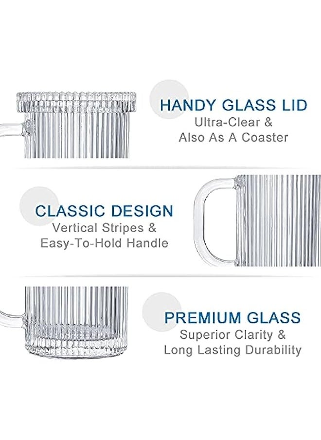 Clear Glass Coffee Mug - Classic Vertical Stripes Tea Mug - Elegant Coffee Cup with Glass Lid for Latte, Espresso - Lovely Gift for Christmas, Anniversary and Birthday - 11 oz