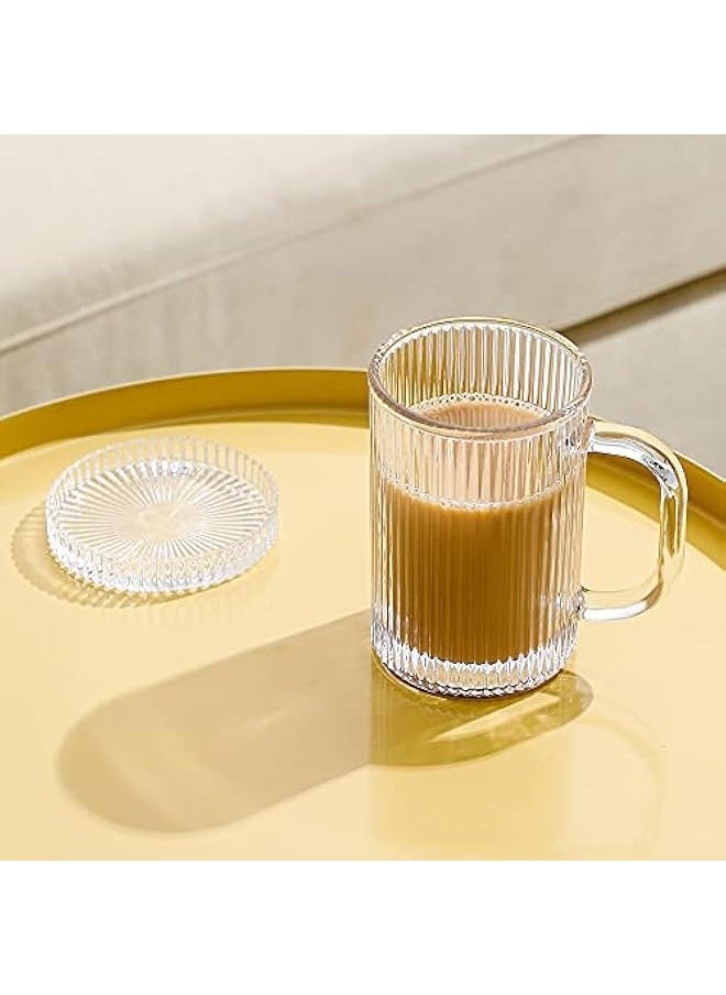 Clear Glass Coffee Mug - Classic Vertical Stripes Tea Mug - Elegant Coffee Cup with Glass Lid for Latte, Espresso - Lovely Gift for Christmas, Anniversary and Birthday - 11 oz