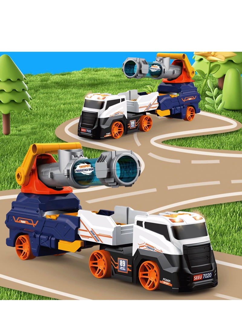 Truck Car Set Toys Include 4 Racing Cars+6 Ball, with Light & Sounds, Eejection&Shooting Transport Cars Toy, Birthday Gifts for Boys Girls