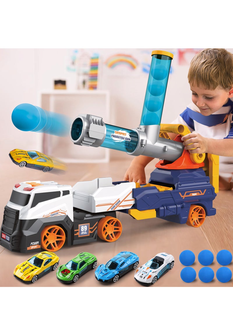 Truck Car Set Toys Include 4 Racing Cars+6 Ball, with Light & Sounds, Eejection&Shooting Transport Cars Toy, Birthday Gifts for Boys Girls