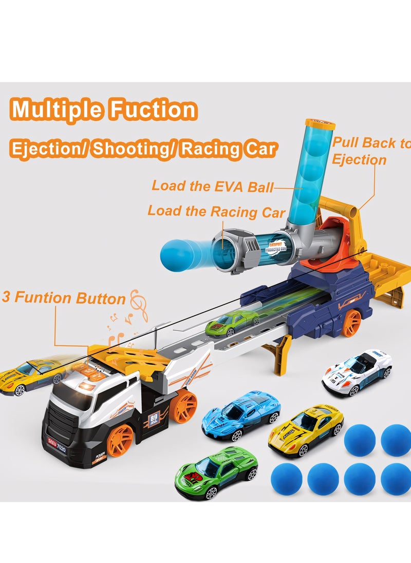 Truck Car Set Toys Include 4 Racing Cars+6 Ball, with Light & Sounds, Eejection&Shooting Transport Cars Toy, Birthday Gifts for Boys Girls