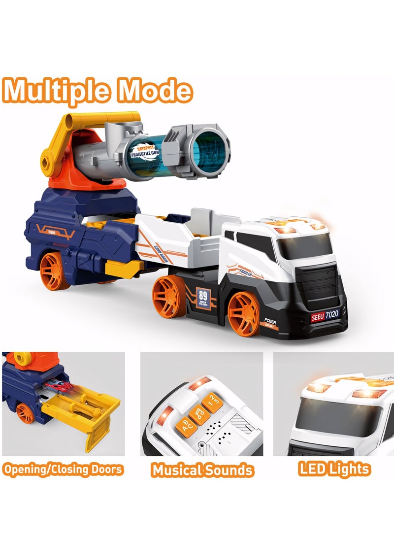 Truck Car Set Toys Include 4 Racing Cars+6 Ball, with Light & Sounds, Eejection&Shooting Transport Cars Toy, Birthday Gifts for Boys Girls