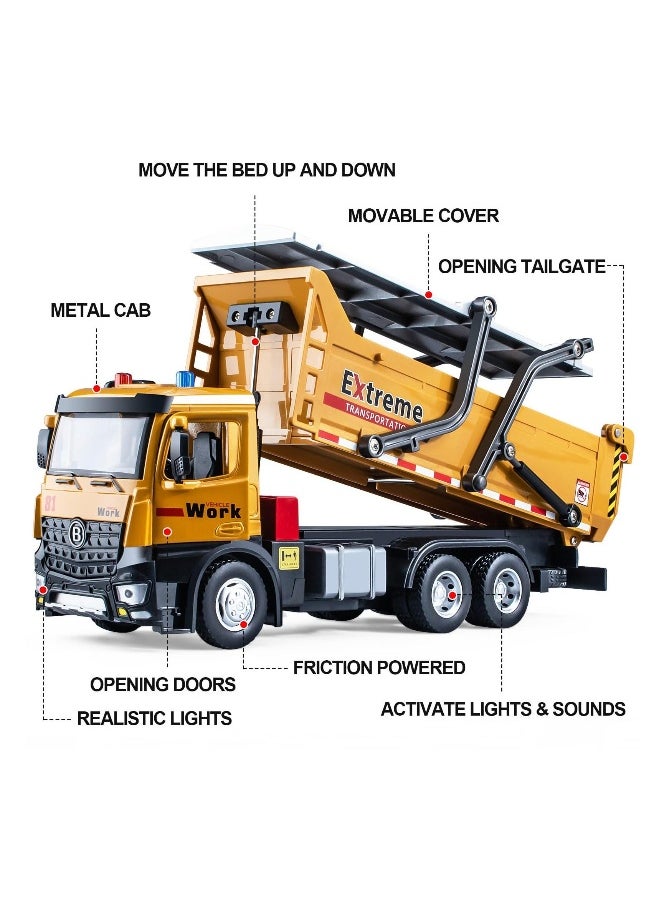 Crane Truck Toy Metal Cab, Crane Toy for Boys, Friction Powered Crane Machine Tow Truck with Lights and Sounds, Crane Vehicles Machine Toy for Children, 13.5