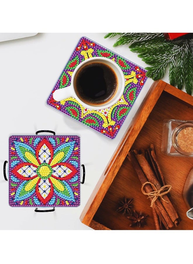 9 Pcs Diamond Painting Coasters with Holder, DIY Mandala Diamond Art Coasters for Drinks, Small Diamond Painting Kits for Adults Accessories Diamond Dots Art Craft Supplies