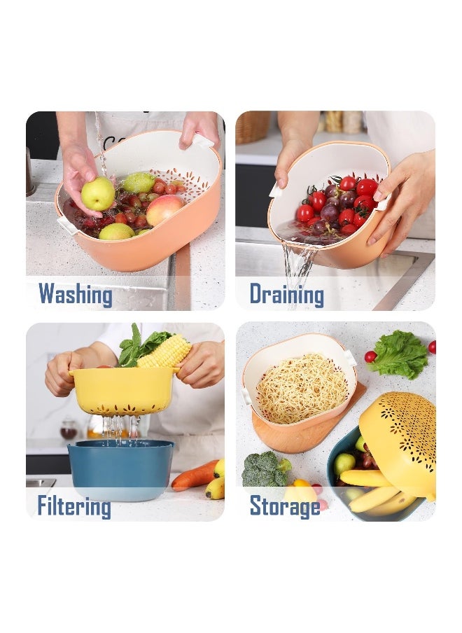 2 Packs Strainers and Colanders Bowl Set Sturdy Kitchen Sink Strainer for Fruit Vegetable Wash Noodle Pasta BPA Free Dishwasher Safe Orange White Blue Yellow 5.5 Quart