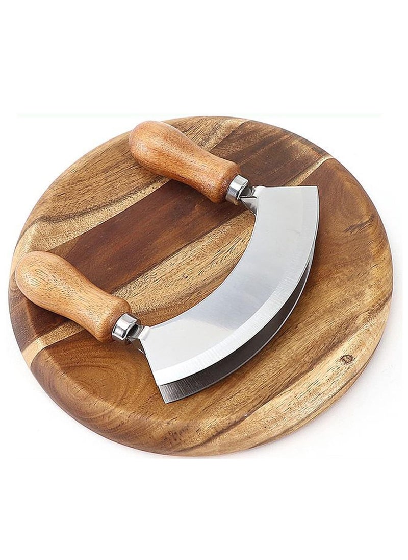 Stainless Steel Double - Sided Cutting Knife and Acacia Wood Onion & Herb Cutting Board Set: Ideal for Vegetable and Fruit Cutting in Home Kitchens