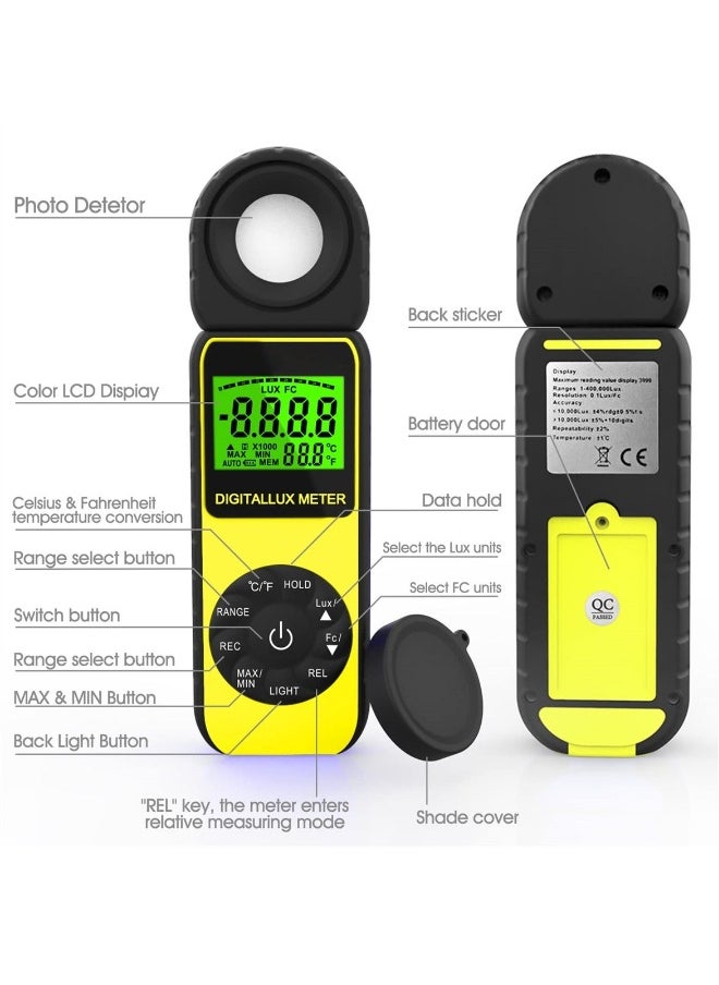 Handheld Digital Illuminance Light Meter, Measure Range Up to 400,000Lux (0.01~40,000 FC), 270º Rotated Sensor, Backlight, for Foot Candles, Plants, LED Lights