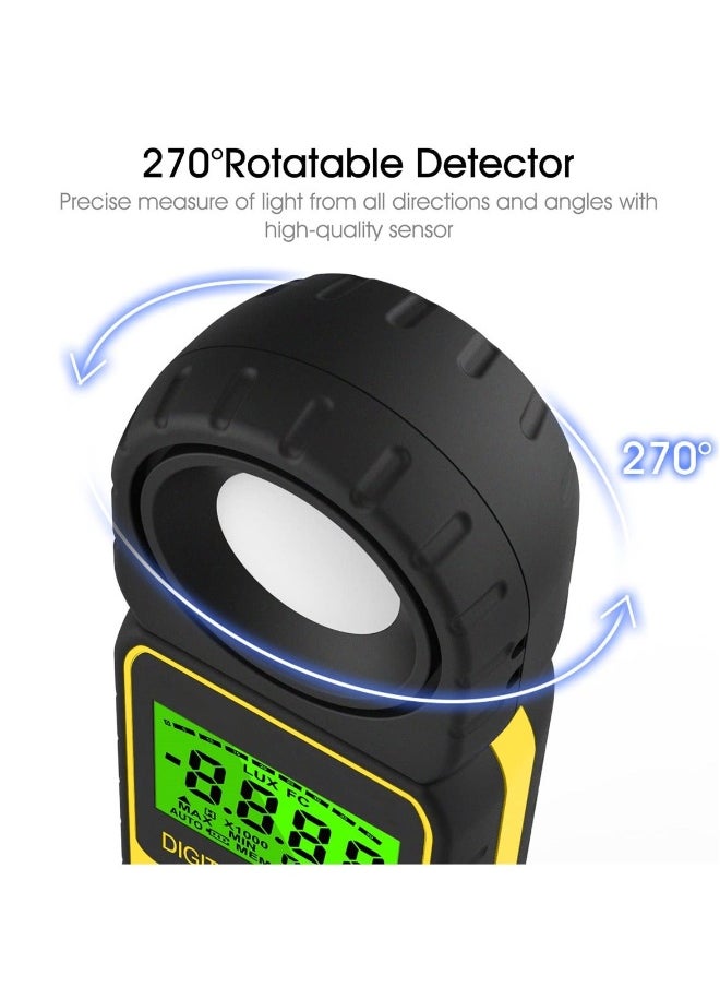 Handheld Digital Illuminance Light Meter, Measure Range Up to 400,000Lux (0.01~40,000 FC), 270º Rotated Sensor, Backlight, for Foot Candles, Plants, LED Lights