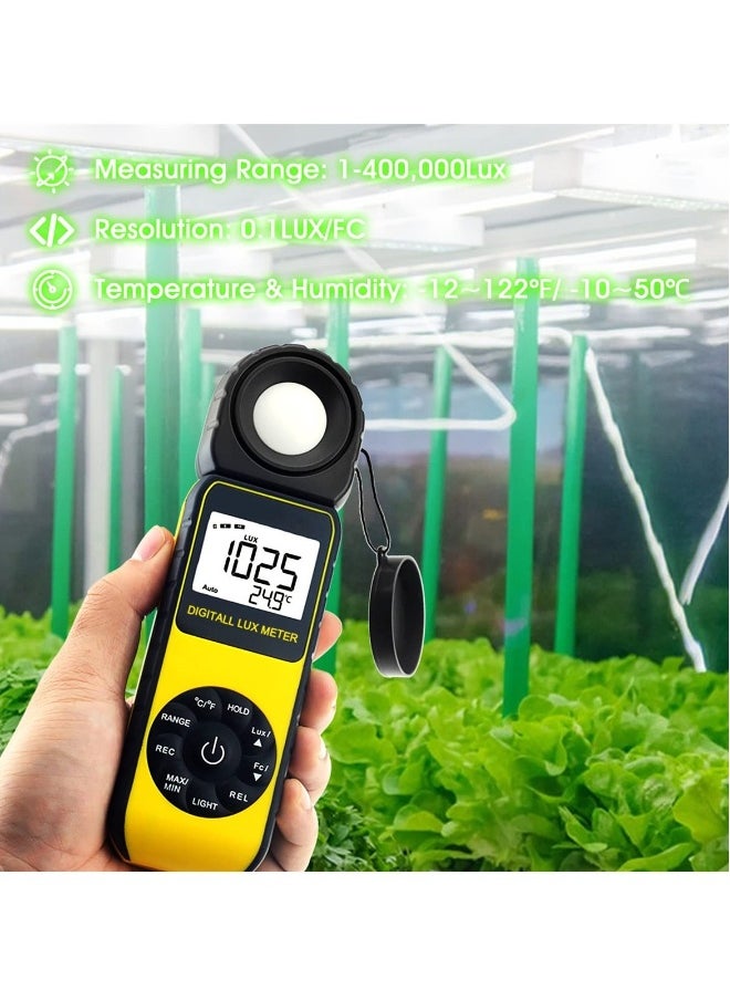 Handheld Digital Illuminance Light Meter, Measure Range Up to 400,000Lux (0.01~40,000 FC), 270º Rotated Sensor, Backlight, for Foot Candles, Plants, LED Lights