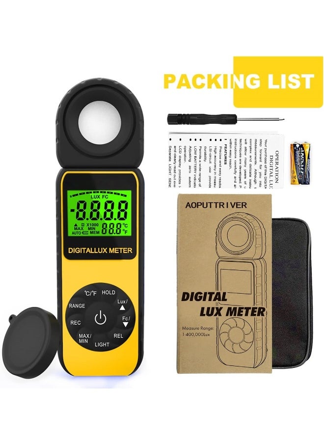 Handheld Digital Illuminance Light Meter, Measure Range Up to 400,000Lux (0.01~40,000 FC), 270º Rotated Sensor, Backlight, for Foot Candles, Plants, LED Lights