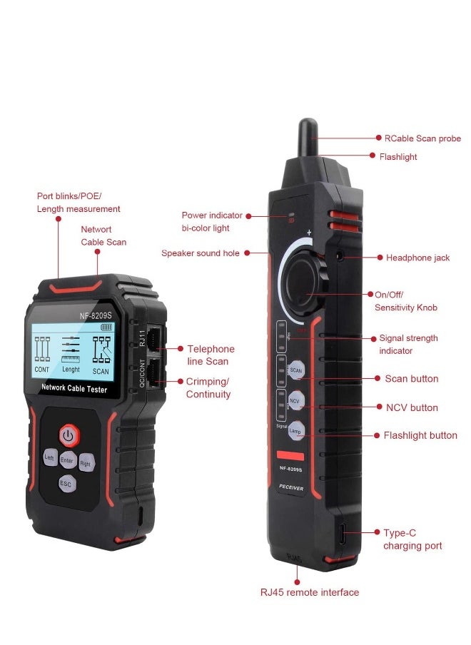 Network Cable Tester, Handheld Portable Cable Tester with Display, Multifunctional Cable Length Tester for The CAT5, CAT6, LAN Cable Finder and POE Tester (NF-8209S)