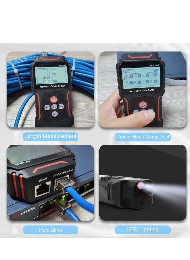 Network Cable Tester, Handheld Portable Cable Tester with Display, Multifunctional Cable Length Tester for The CAT5, CAT6, LAN Cable Finder and POE Tester (NF-8209S)