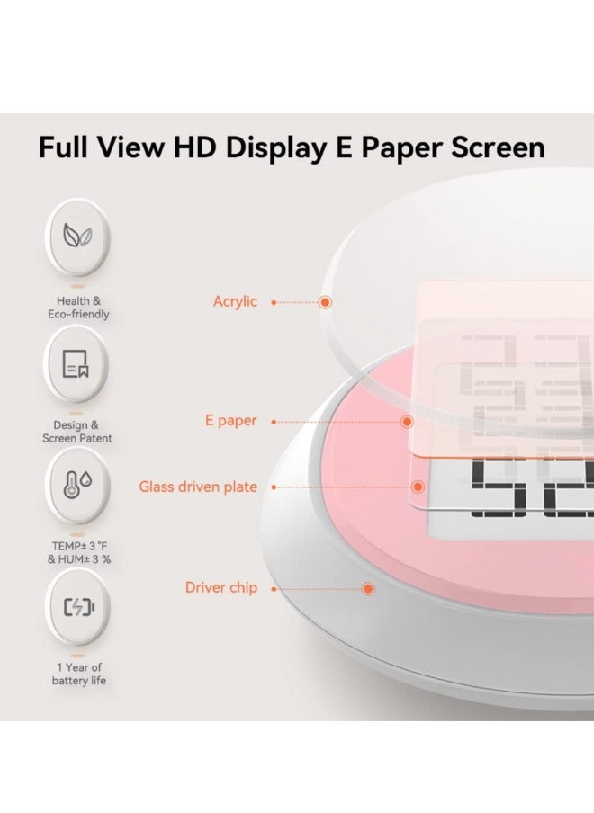 Indoor Thermometer Hygrometer, Digital Thermometer and Humidity Gauge E Ink Screen Room Weather with Hang Magnetic Suction and Bracket, Slim Clear Display Pink