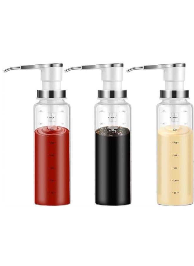 Sauce Pump Dispenser 3Pack 17 oz Glass Bottle with Stainless Steel Pumps Leak-Proof Food Grade Pumps Dispenser for Honey Syrups Oil Condiments Salad Dressings and More