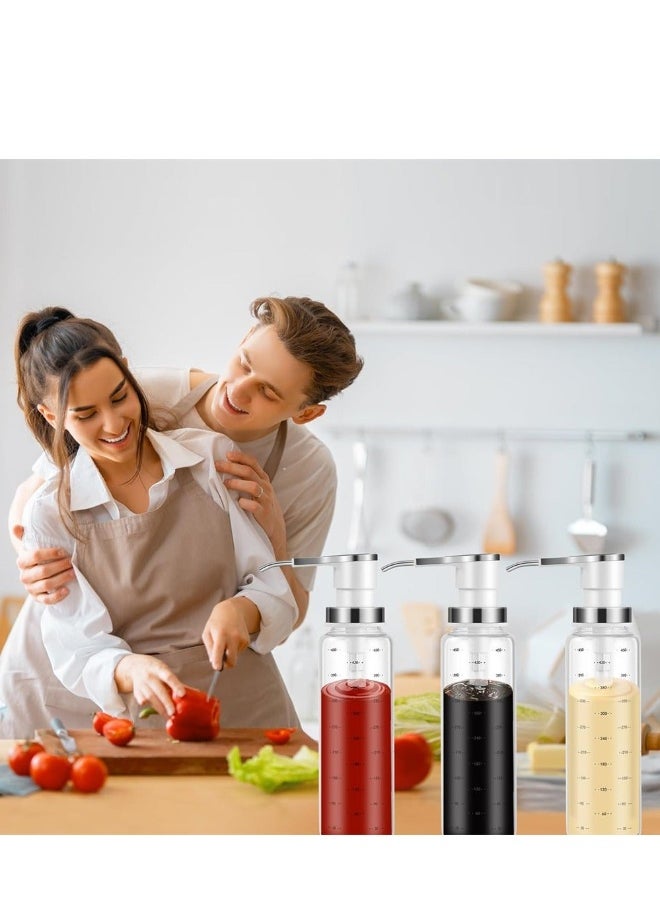 Sauce Pump Dispenser 3Pack 17 oz Glass Bottle with Stainless Steel Pumps Leak-Proof Food Grade Pumps Dispenser for Honey Syrups Oil Condiments Salad Dressings and More