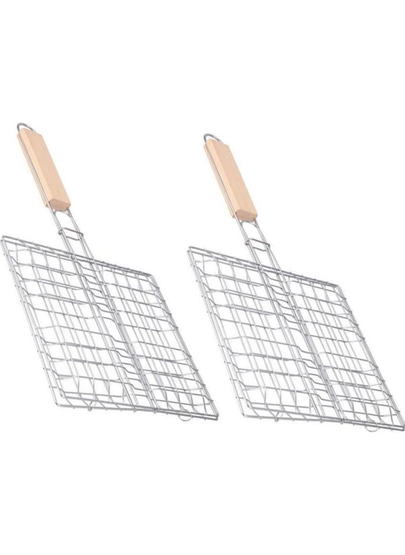 2pcs Stainless Steel Barbecue Net Wooden Handle Barbecue Grill Steak Grill Outdoor BBQ Grill Basket Grilling Accessories Square Picnic Barbecue Supplies BBQ Grill Metal Kebab