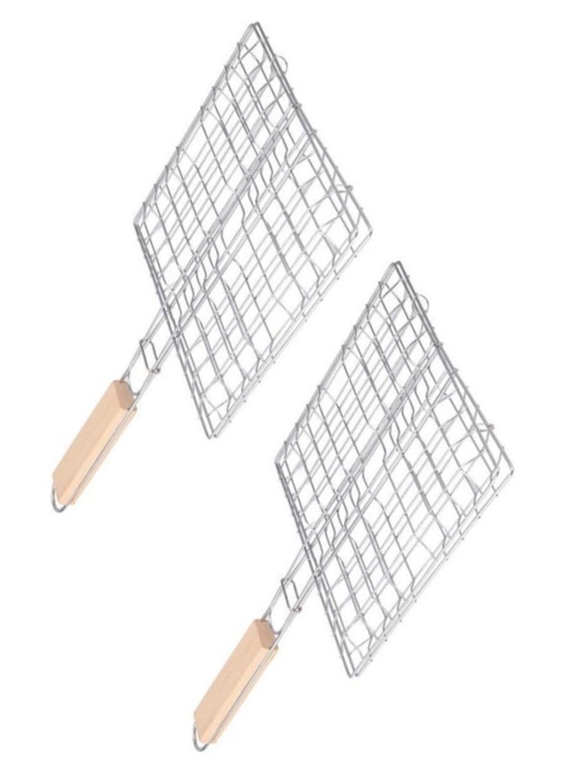 2pcs Stainless Steel Barbecue Net Wooden Handle Barbecue Grill Steak Grill Outdoor BBQ Grill Basket Grilling Accessories Square Picnic Barbecue Supplies BBQ Grill Metal Kebab