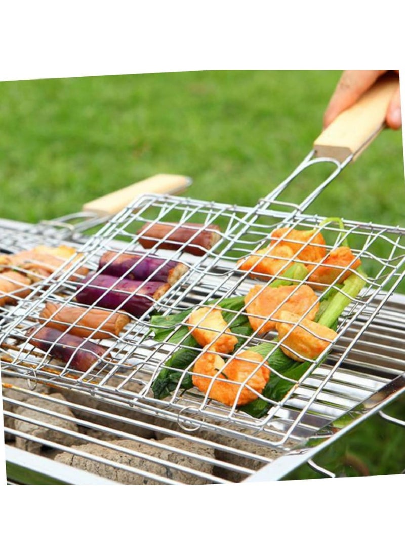 2pcs Stainless Steel Barbecue Net Wooden Handle Barbecue Grill Steak Grill Outdoor BBQ Grill Basket Grilling Accessories Square Picnic Barbecue Supplies BBQ Grill Metal Kebab