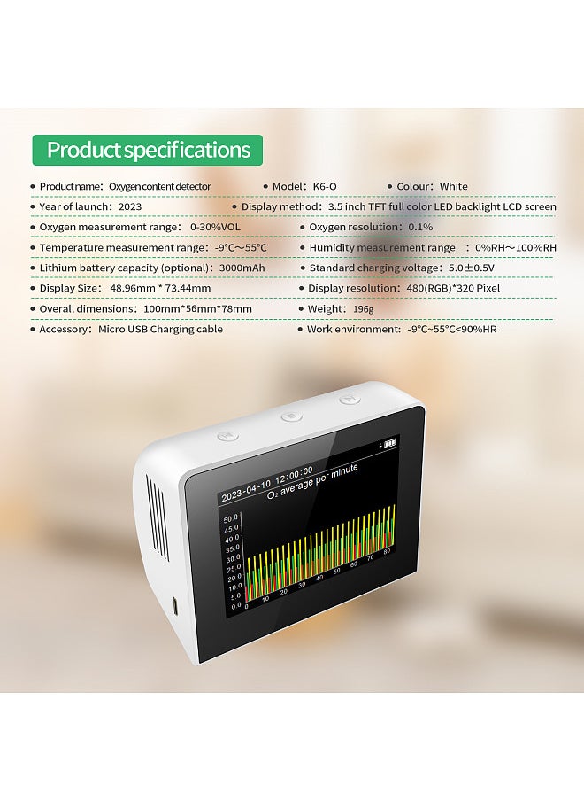 Desktop O2/RH/Temp. 3-in-1 Multifunctional Air Quality Detector Temperature Humidity Monitor Indoor/Outdoor O2 Meter Tester 3.5-inch Digital Hygrothermograph with Data Logger Rechargeable Battery