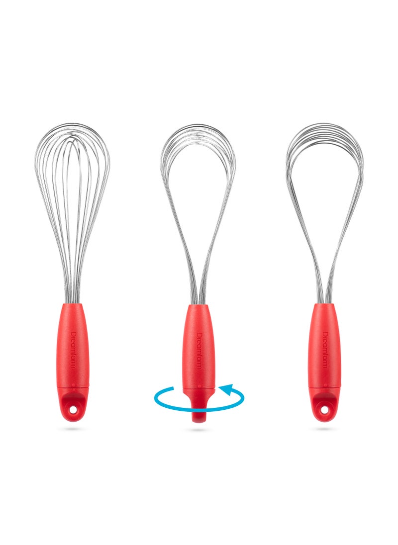 Flisk 3-in-1 Fold-Flat, Space-Saving Baking & Cooking Balloon Whisk, Sauce Whisk & Flat Deglazing Whisk, Stainless Steel - 12