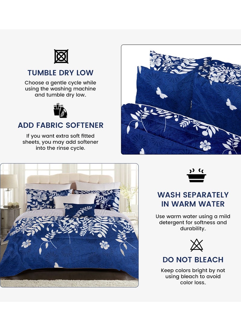 Navy Bloom Bed Sheet Set - Without Filling-6 Pcs - 6 Pcs - 4 Pillow Covers - 1 Bedsheet - 1 Duvet Cover  King Size: Duvet Cover: 220*240cm Fitted Sheet: 200*200cm+30cm Pillow Cases: 50*75cm