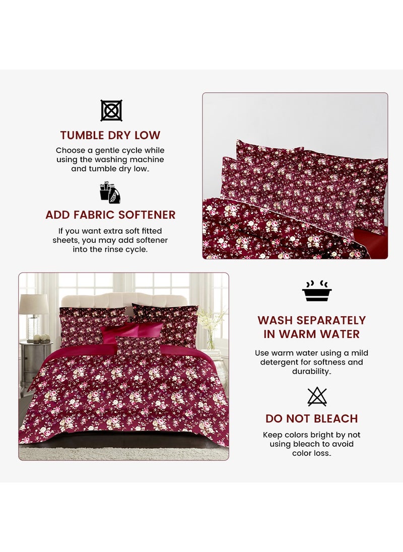 Burgundy Bouquet Bed Sheet Set - Without Filling- 6 Pcs - 4 Pillow Covers - 1 Bedsheet - 1 Duvet Cover           King Size:  Duvet Cover: 220*240cm Fitted Sheet: 200*200cm+30cm Pillow Cases: 50*75cm