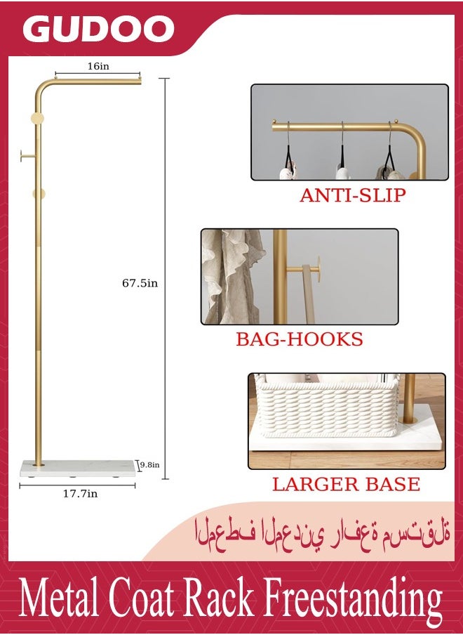 Gold Coat Racks, Metal Coat Racks Freestanding with Crossbar and 3 Hooks, Modern Coat Hanger with Marble Base, L Shaped Coat Stand for Entryway, Bedroom, Living Room, Office